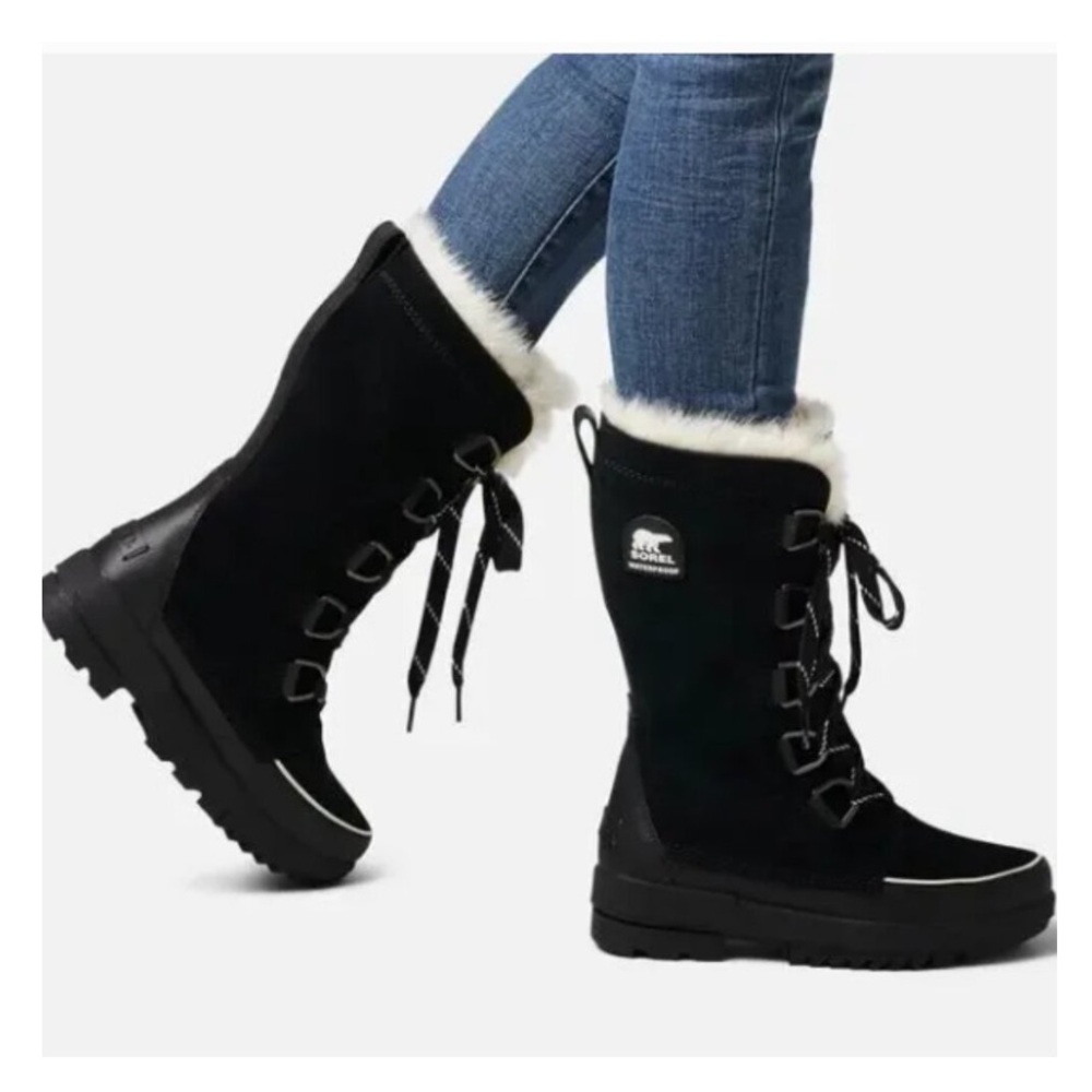SOLD.Sorel Black Winter Boots with White Fur Trim sz 6 NEW